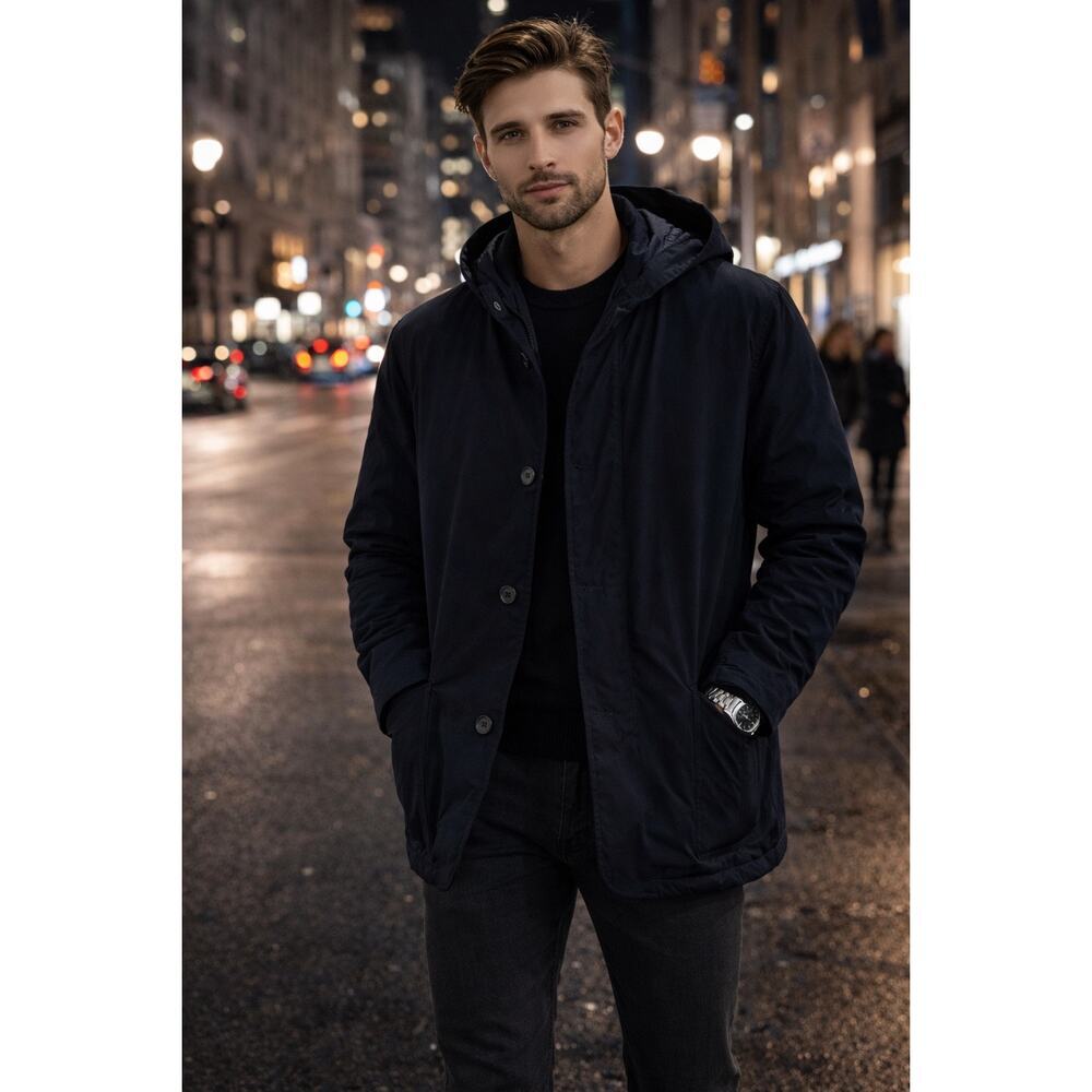 Massimo Dutti Long Sleeve Zip Up Hooded Down Jacket Navy Blue Men's Size Medium